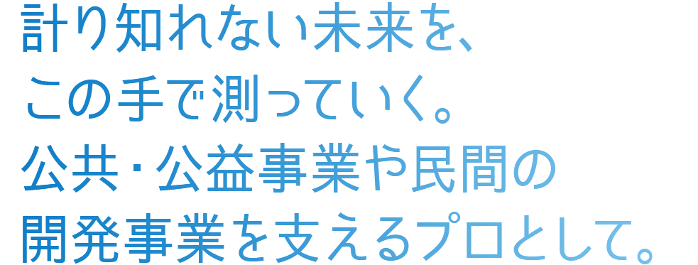 計り知れない未来を、この手で測っていく。公共・公益事業や民間の開発事業を支えるプロとして。